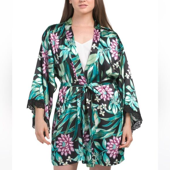 In Bloom M-L-XL Green Pink White Satin Floral Short Kimono Robe - Picture 1 of 4